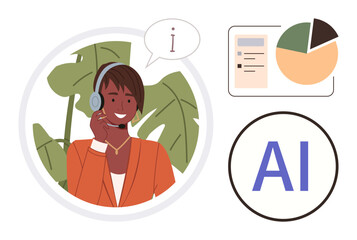 Smiling customer support agent wearing headset with speech bubble, data pie chart, report, and AI text. Ideal for technology, communication, analytics, customer service, AI solutions data