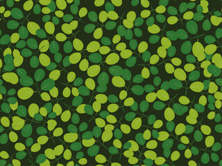 A seamless pattern of delicate green pea leaves on a dark green background, suitable for use as wallpaper, textile prints, wrapping paper, and other digital prints.