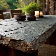 Fototapeta premium Rustic Stone Table with Cozy Candles and Greenery in Outdoor Setting