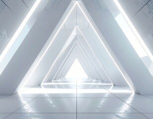 Fototapeta premium The abstract geometric light design creates a futuristic vector backdrop for a gray steel office wall interior with an empty glass window and spotlight technology illustration