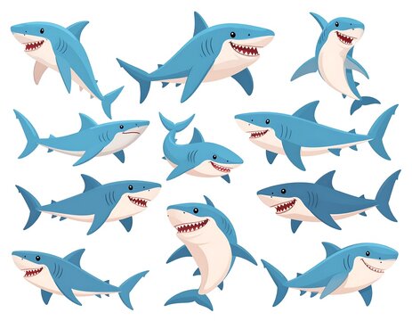 Cartoon illustrations of smiling sharks in diverse poses
