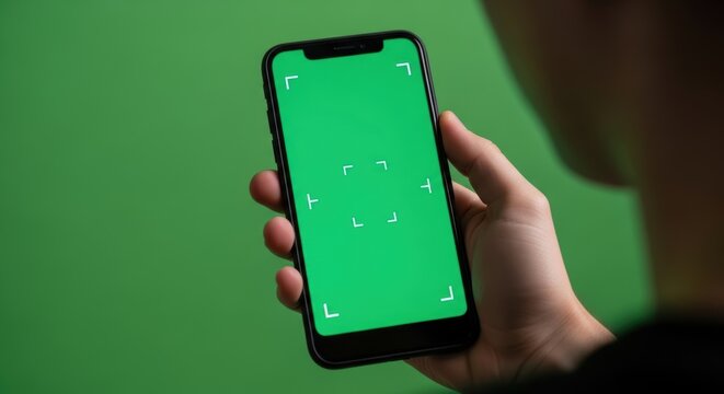 Orang memegang smartphone layar hijau dengan marka pelacak dari sudut pandang bahu melambangkan template mockup aplikasi digital modern