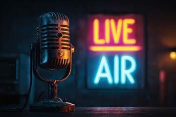 Live on air podcast broadcasting from a vibrant studio with a retro microphone and glowing neon signage in Michigan