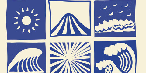 Six blue and cream graphic icons featuring sun mountain moon waves and sunburst patterns