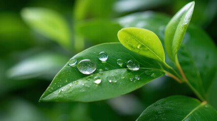 Dew drops on green leaf macro for eco branding with fresh natural background and vibrant color