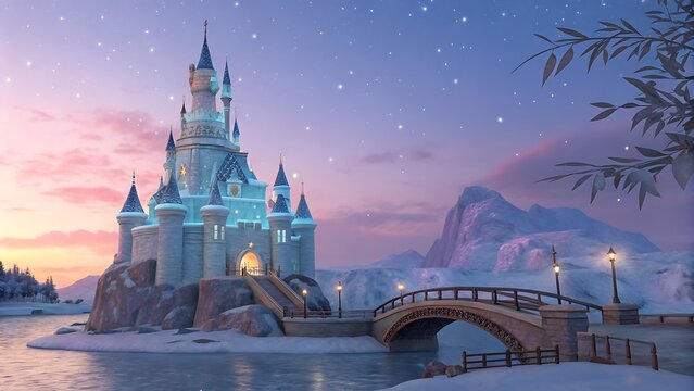 A breathtaking winter wonderland scene featuring a majestic ice castle illuminated by soft blue lights, set against a backdrop of snowcovered mountains