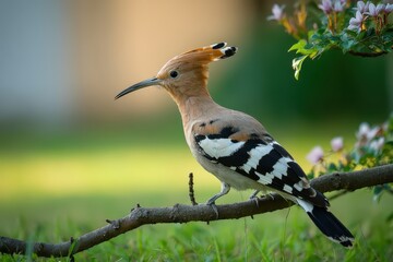 Eurasian hoopoe perched gracefully on a branch in a serene garden during the golden hour, showcasing its vibrant plumage and distinctive crest as it surveys its surroundings
