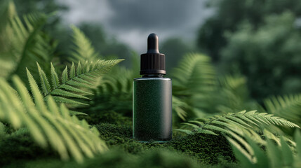 Dew on grass surrounds skincare bottle for ads creating fresh natural atmosphere in forest