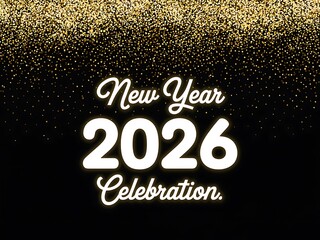 Sparkling golden glitter cascades down on a black background announcing the arrival of new year 2026 celebrations with festive typography