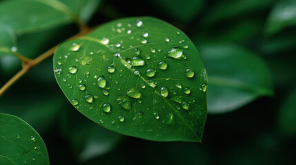 Dew drops on green leaf create fresh scene perfect for wellness campaign and natural relaxation themes