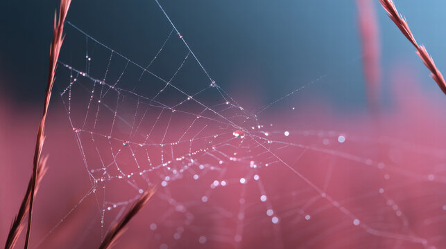 Dew on spider web scene with pink grass for wellness campaign, delicate morning nature and calm atmosphere - Powered by Adobe