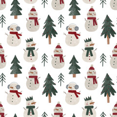 Cute Cozy watercolor Christmas illustration. Christmas decorations and characters. Hand drawn new year seamless pattern with Christmas tree, snowman, gifts, stars, gnomes