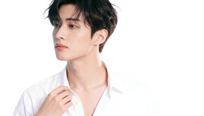 白い背景で横を向く爽やかな若い男性