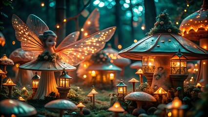 A magical fairy stands amidst glowing mushroom houses in an enchanted forest, with lanterns casting a warm light, creating a whimsical and dreamlike atmosphere