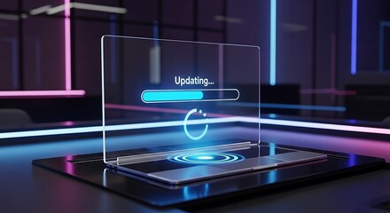 Futuristic laptop screen displaying a transparent holographic “Updating…” progress bar and spinning loading circle in a dark, modern workspace with soft neon lights. No person visible.