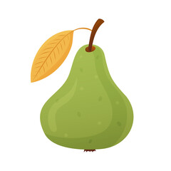 Green pear with a yellow leaf, fresh fruit and healthy eating