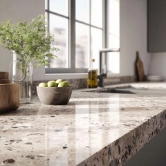 Modern Kitchen with Stone Countertop and Fresh Ingredients Display