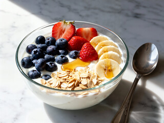 A close-up of a healthy breakfast bowl featuring Greek yogurt, oats, blueberries, sliced strawberries, and bananas drizzled with honey on a marble table.