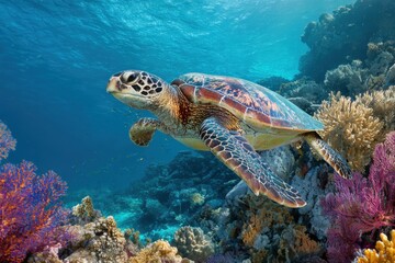 Obraz premium Green sea turtle gliding gracefully among vibrant coral reefs in clear tropical waters during a sunny day