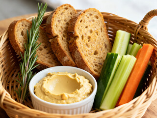 A wicker basket holds a small bowl of hummus dip, along with slices of rustic whole-grain bread and fresh vegetable sticks including cucumber and carrot.