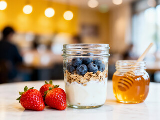 A glass jar of layered yogurt parfait with granola and blueberries, next to fresh strawberries and a jar of honey, on a cafe table.