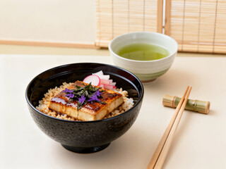 A square of pan-fried teriyaki tofu topped with nori and radish slices served over brown rice in a black bowl, with a small cup of green tea.