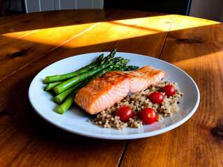 A balanced meal of grilled salmon, steamed asparagus spears, and quinoa mixed with cherry tomatoes, beautifully lit by a shaft of natural sunlight.