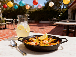 A cast iron pan of savory seafood paella with mussels, shrimp, and peas, served with lemonade at a festive outdoor restaurant under colorful paper lanterns.