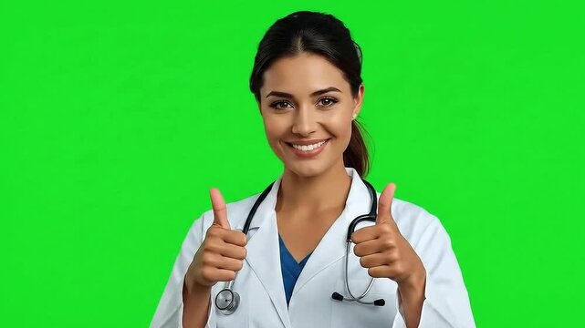 Beautiful female doctor showing two thumbs up. Isolated on green screen.