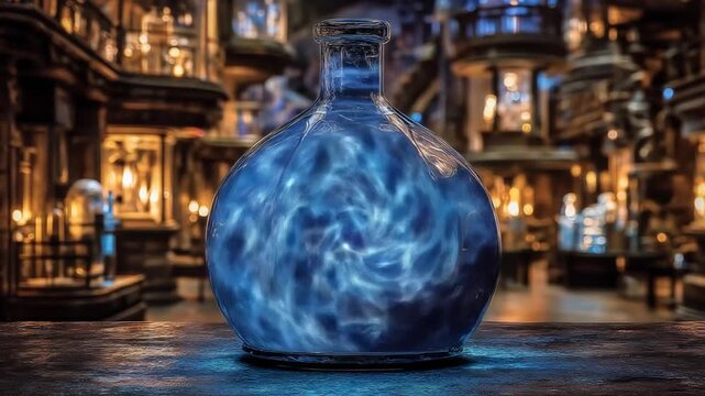 Glowing blue potion in a glass flask against a blurred background
