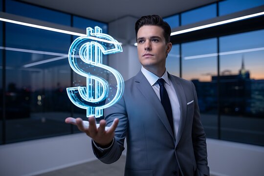 Confident businessman in a modern office presents a glowing holographic dollar sign symbolizing financial success and digital currency