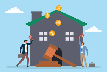 Vector illustration of two businessmen bidding to buy a house, representing real estate competition, property auction, and investment opportunities
