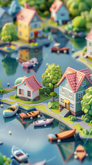 3d isometric low poly view of riverside city housing