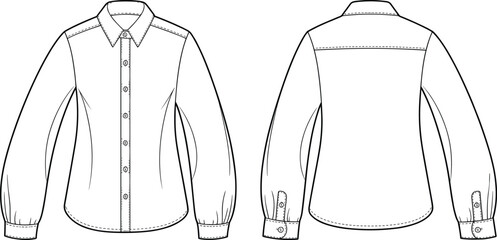 Technical fashion illustration, long sleeve button-up shirt front and back view, garment construction, apparel design, vector sketch, clothing template