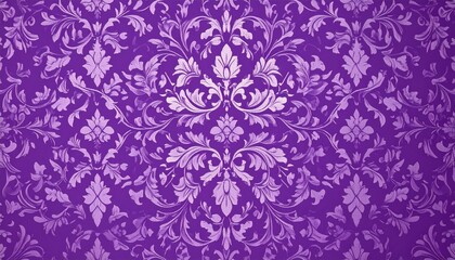 Purple damask wallpaper with ornate floral motifs and symmetrical decorative pattern.
