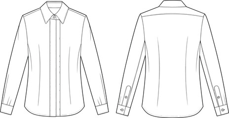 Technical flat sketch, long sleeve button-up shirt front and back view, fashion design, garment construction, apparel template, vector illustration