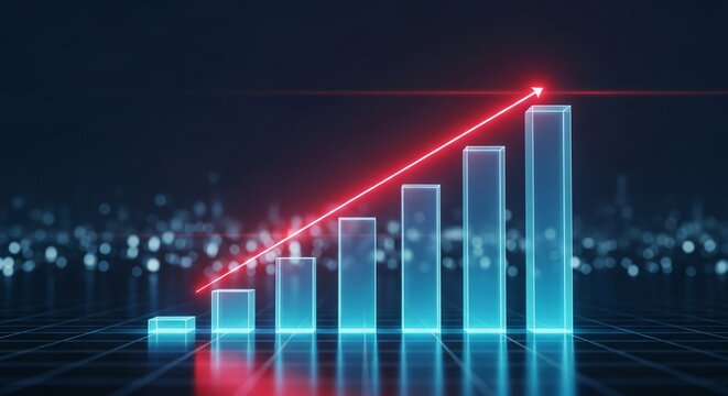 Futuristic 3D bar chart illustrating exponential growth and success in business or finance, highlighted by a vibrant red arrow pointing upwards. Investment and profit concept.