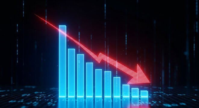 Futuristic 3D bar chart showing a rapid decline in financial data or market performance, marked by a glowing red arrow pointing down. Concept for recession, loss, and crisis.