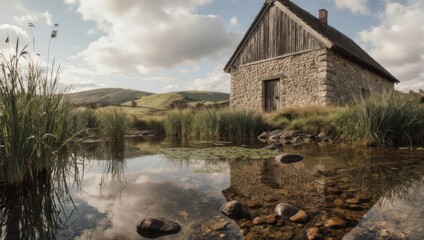 Stone cottage by the lake, serene landscape, cloudy sky, peaceful reflection.