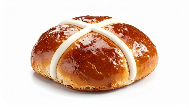 A close-up shot of a single, glazed, golden-brown hot cross bun with a white cross. - Powered by Adobe