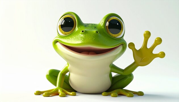 An absolutely adorable 3D cartoon frog waving a friendly hello! With its big, happy smile and cheerful eyes, this character is perfect for a warm welcome.
