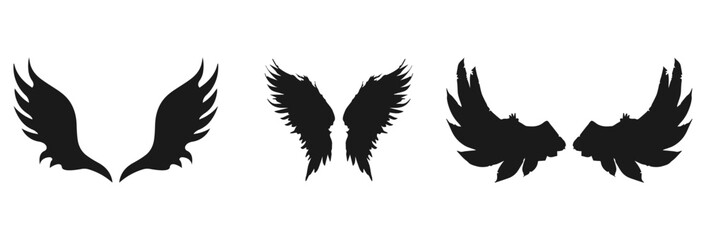 Three pairs of silhouette wings isolated on transparent background isolated on white background