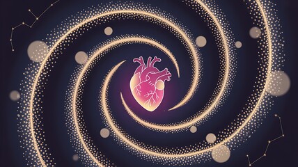 A glowing pink anatomical heart suspended within a swirling golden spiral of cosmic dust and light
