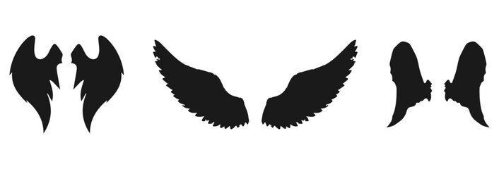 Three styles of wings and angel wings isolated on transparent background isolated on white background