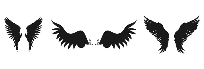 Three pairs of stylized wings isolated on transparent background isolated on white background