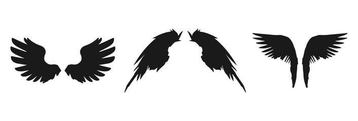 Three pairs of black silhouette wings isolated on transparent background isolated on white background