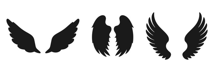 Collection of angel wings and other wings silhouettes isolated on transparent background isolated on white background