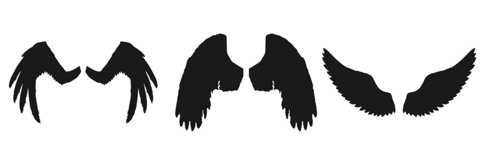 Three pairs of silhouette wings including angel wings isolated on transparent background isolated on white background