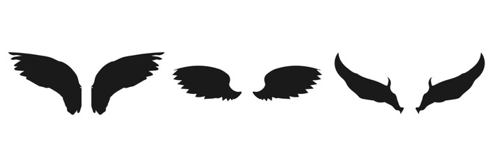 Three pairs of silhouette wings isolated on white background isolated on transparent background