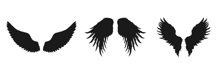 Three pairs of silhouette wings isolated on transparent background isolated on white background